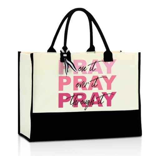 jeilink Inspirational Religious Gifts Boss Mom Birthday Christmas Tote Bag Canvas Reusable Grocery Beach Tote Black Pink - color: Pray on It 1194
