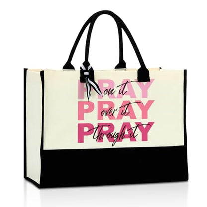 jeilink Inspirational Religious Gifts Boss Mom Birthday Christmas Tote Bag Canvas Reusable Grocery Beach Tote Black Pink - color: Pray on It 1194