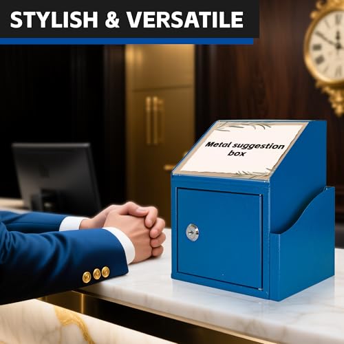 Suggestion Box with Slot and Lock, Secure Metal Ballot Box for Donation or Comment Collection, Wall Mounted or Countertop Donation Boxes for Fundraising, For Office, School, or Event Use (Blue) - color: Blue