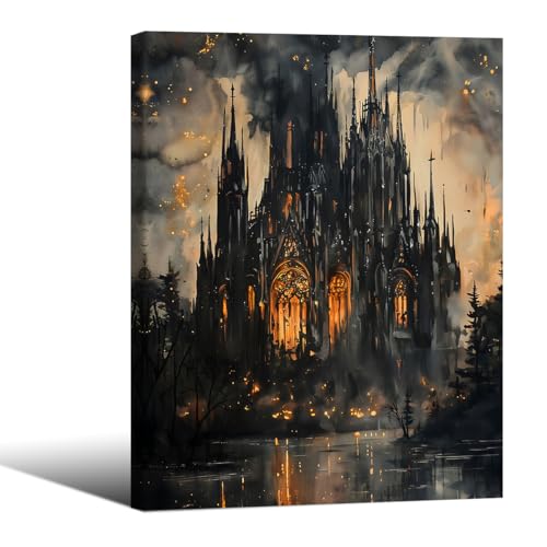 Gothic Victorian Castle Wall Art Vintage Dark Academia Oil Painting Poster 08x10 inch Framed Retro Mid Century Goth Vampire Forest Canvas Prints for Living Room Bedroom Wall Decor - color: Black-wframed, size: 10L" x 8W"