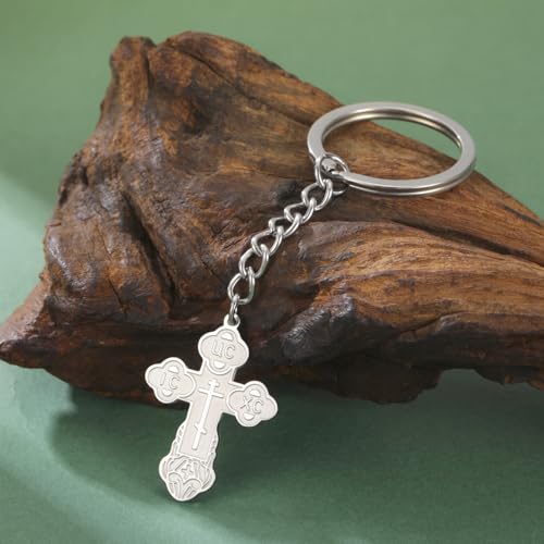 TEAMER Cross Keychain Russian Orthodox Crucifix Eastern Church Keychain Religious Christian Prayer Jewelry for Men Women - color: Silver