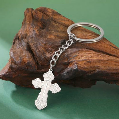 TEAMER Cross Keychain Russian Orthodox Crucifix Eastern Church Keychain Religious Christian Prayer Jewelry for Men Women - color: Silver