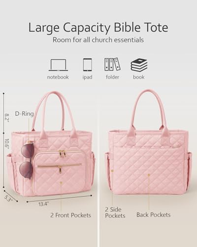 Large Bible Bag with Bible Cover Case for Women, Quilted Bible Tote Bag - color: Blush Pink