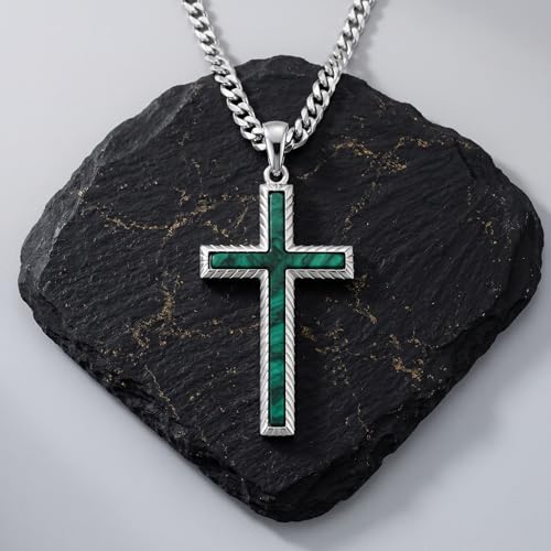 MRENITE Silver Natural Stone Cross Necklace, Classic Latin Cross Pendant Necklace for Unisex Women Man, Vintage Crystal Quartz Cross Necklace with 20+2 Inches Adjustable Cuban Chain - style: Malachite