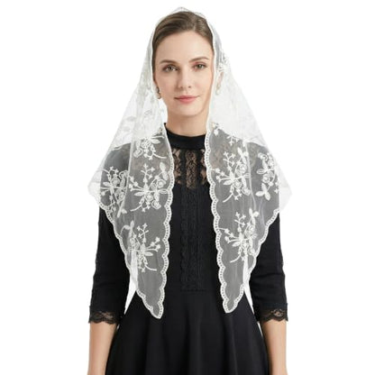 Lystaii Triangle Lace Mantilla Veil Catholic Chapel Head Covering Scarf - color: White