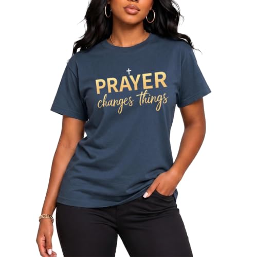 BeWithYou Christian Shirts for Women Religious Faith Jesus God Tshirts Inspirational Bible Verse Cross Graphic Tee Casual Top - color: Navy Blue, size: Large