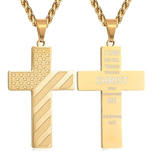 DuoDiner 18+2" Cross Necklace for Men Boys Christian Confirmation Gifts - color: Gold, style: Philippians 4:13
