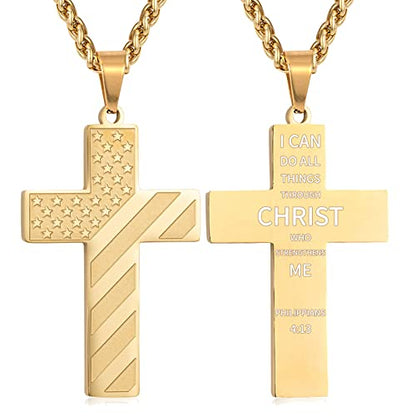 DuoDiner 18+2" Cross Necklace for Men Boys Christian Confirmation Gifts - color: Gold, style: Philippians 4:13