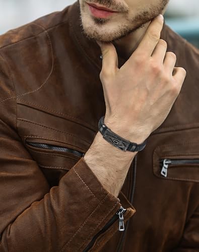YL Cross Masonic Leather Mens Bracelet, 18K Gold/Black Rhodium Plated Christian Religious 316L Stainless Steel Brown Cuff Handcrafted Jewelry Gifts - color: Masonic A-Black, size: 8.7"(220mm)