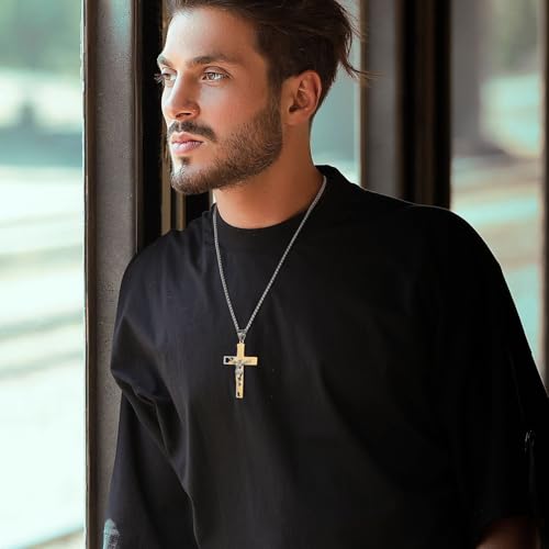 HZMAN Men's Stainless Steel Cross Crucifix Bible Prayer Pendant Necklace - color: Gold