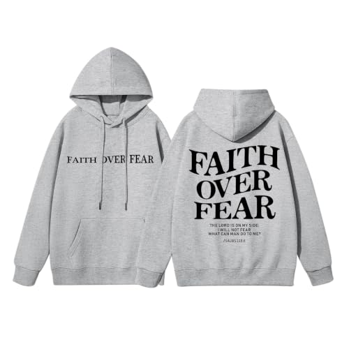 Fkatuzi Christian Faith Over Fear Hoodies For Teen Jesus Hoodie God Sweatshirt Bible Verse Religious Graphic Tops - color: Light Gray, size: 3X-Large