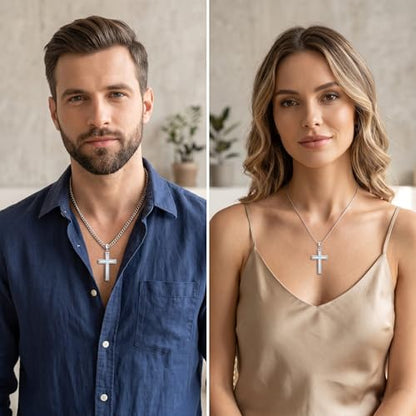 MRENITE Silver Natural Stone Cross Necklace, Classic Latin Cross Pendant Necklace for Unisex Women Man, Vintage Crystal Quartz Cross Necklace with 20+2 Inches Adjustable Cuban Chain - style: Moonstone