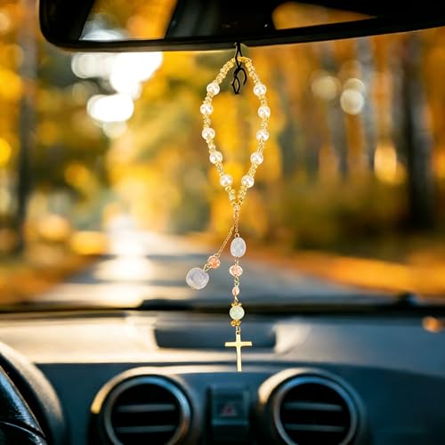 Natural Jade Cross Car Hanging Ornament – Rearview Mirror Suncatcher with Glass Beads and Pearl Accents, Car Decor, Window Balcony Keychain