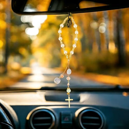 Natural Jade Cross Car Hanging Ornament – Rearview Mirror Suncatcher with Glass Beads and Pearl Accents, Car Decor, Window Balcony Keychain