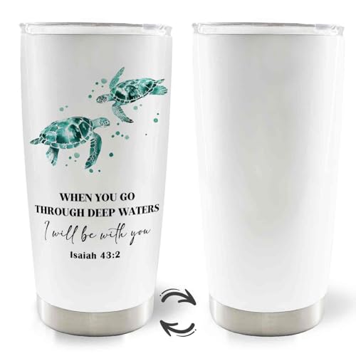 Christian Sea Turtle 20oz Travel Coffee Mug Tumbler, Christian Gifts for Women, When You Go Through Deep Waters Bible Verse Religious Stainless Steel Tumbler with Lid and Straw - color: Deepwater