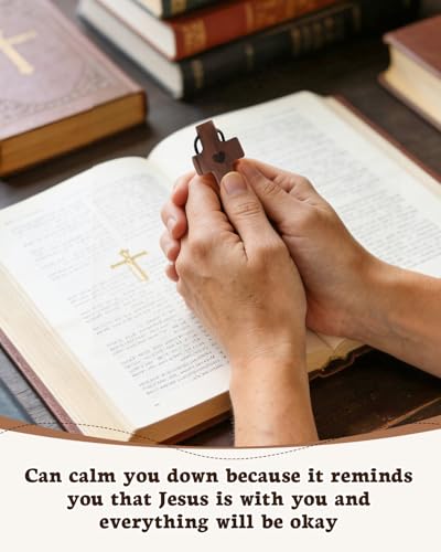 10pcs Pocket Wooden Cross Fidget: Small Wood Crosses Keychain in Bulk with Organza Bags Prayer Card - Stress Relief Cross My Heart for Christian Religious Easter Day Gifts