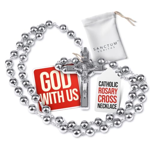 SANCTUM VERITAS Catholic Rosary Necklace | Large Italian Prayer Beads Gift - style: Silver Steel