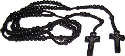 Holy Land Market Unisex Black Beads Pair of Black Wooden Rosaries with Velvet Bags for Keepsake - Wooden Rosary Necklace with Jesus Imprint Cross - 2 Rosaries with Bags