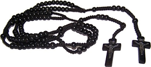 Holy Land Market Unisex Black Beads Pair of Black Wooden Rosaries with Velvet Bags for Keepsake - Wooden Rosary Necklace with Jesus Imprint Cross - 2 Rosaries with Bags