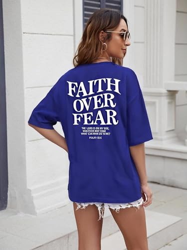 Faith Over Fear Shirt for Women Graphic Shirts Oversized Graphic Christian Tshirts Tees Tops - color: Blue, size: Medium