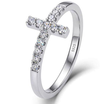 WES Moissanite Cross Ring for Women - Hypoallergenic 925 Sterling Silver 14K White Gold Plated Dainty Stackable Wedding Band Eternity Ring, Size 4-11