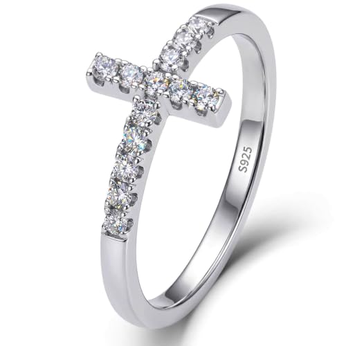 WES Moissanite Cross Ring for Women - Hypoallergenic 925 Sterling Silver 14K White Gold Plated Dainty Stackable Wedding Band Eternity Ring, Size 4-11