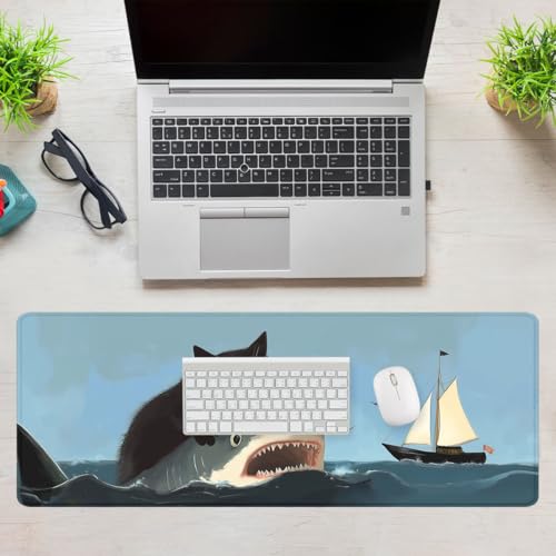 Funny Black Cat Mouse Pad Cute Ocean Shark Sailing Ship Mousepad Extended Large Laptop Keyboard Non-Slip Rubber Base with Stitched Edges for Home 31.5x11.8 in - color: Funny Black Cat, size: 31.5L x 11.8W inches