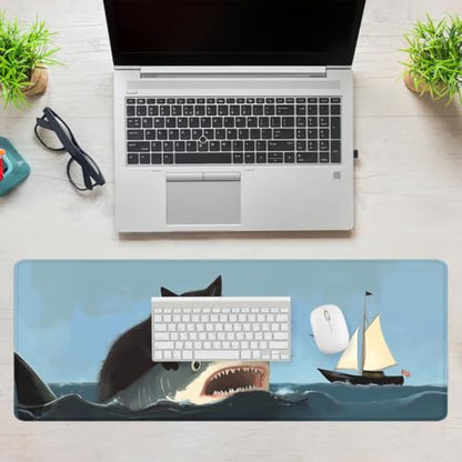 Funny Black Cat Mouse Pad Cute Ocean Shark Sailing Ship Mousepad Extended Large Laptop Keyboard Non-Slip Rubber Base with Stitched Edges for Home 31.5x11.8 in - color: Funny Black Cat, size: 31.5L x 11.8W inches