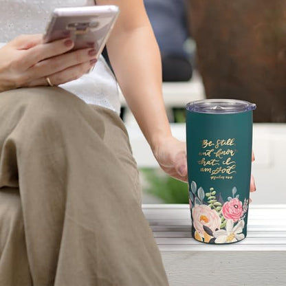 Christian Art Gifts Large Be Still and Know Travel Mug Tumbler for Women - color: Teal Floral/Be Still