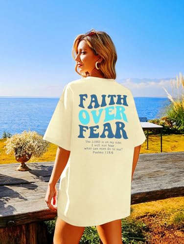 BANGELY Faith Over Fear Shirt Women Graphic Shirts Oversized Workout Gym Christian Religious Tees Drop Shoulder Tee Tops - color: Apricot, size: Large