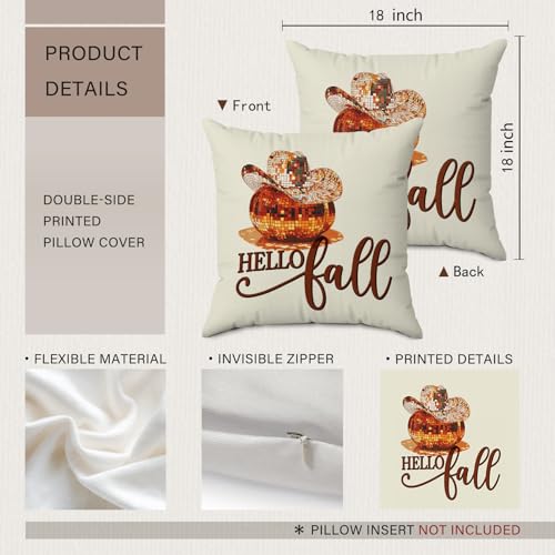Hello Fall Western Disco Ball Pumpkin Throw Pillow Covers 18x18 - color: Disco Ball