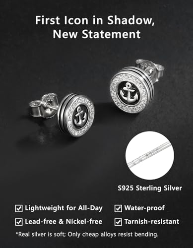 KRKC&CO Earrings for Men, Sterling Silver Earrings Studs, Hypoallergenic - color: Black K