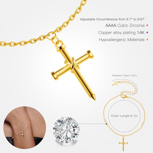 Gold Cross Bracelet for Women, Dainty 18K Gold Plated Double Pendant Jewelry, Sparkling Zirconia Prayer Bracelet, Adjustable Link Chain Lobster Clasp (5.9in + 2.4in) - style: Minimalist Cross Bracelet