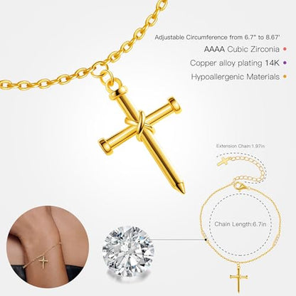 Gold Cross Bracelet for Women, Dainty 18K Gold Plated Double Pendant Jewelry, Sparkling Zirconia Prayer Bracelet, Adjustable Link Chain Lobster Clasp (5.9in + 2.4in) - style: Minimalist Cross Bracelet