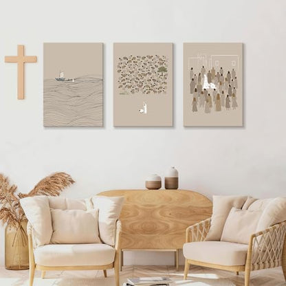 Christian Beige Bible Sketches Wall Art Jesus Canvas Prints 16"x24"x3 - color: Jesus Bible Story, size: 16"x24"x3Pcs
