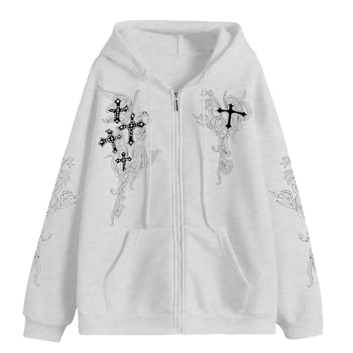 Zip Up Hoodies Y2k Jacket Graphic Gothic Jackets Grunge Cross Hoodie Baggy Streetwear Emo Sweater Aesthetic Clothes - color: Light Gray, size: X-Large