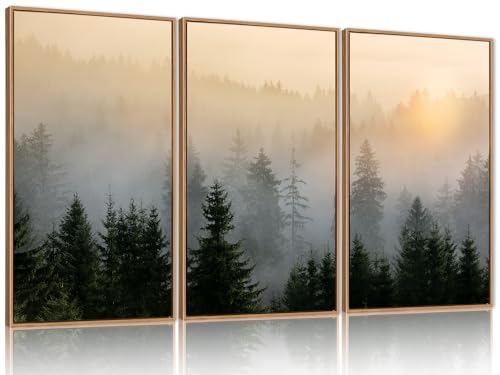 FWIEXA Misty Forest Wall Art Canvas Set, Framed Mountain Wall Decor, 3 Piece Nature Wall Painting, Foggy Pine Tree Landscape Artwork, 16x24 Inches Green Pictures for Living Room, Bedroom, Office, Gift - color: Foggy Forest, size: 16"L x 24"W