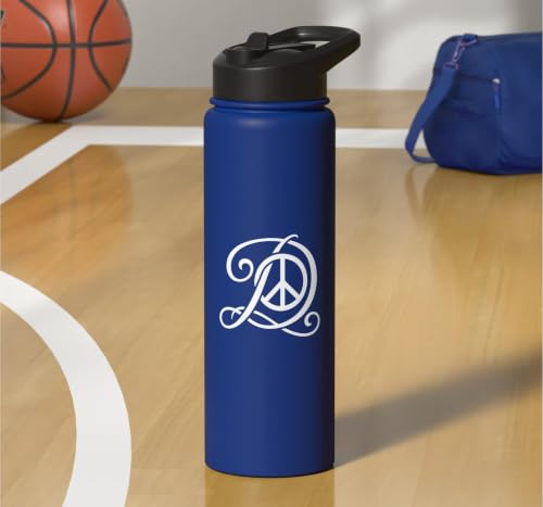 fancy Italic script Initial Letter D minimalist peace sign Stainless Steel Insulated Water Bottle - color: Royal Blue