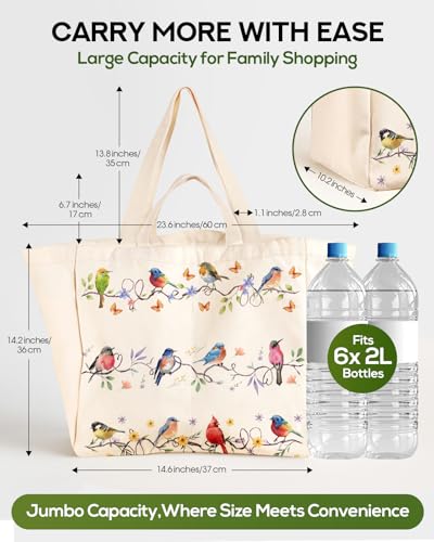 Miss Adola Cute Extra Large Canvas Grocery Tote Bag - color: Watercolor Bird