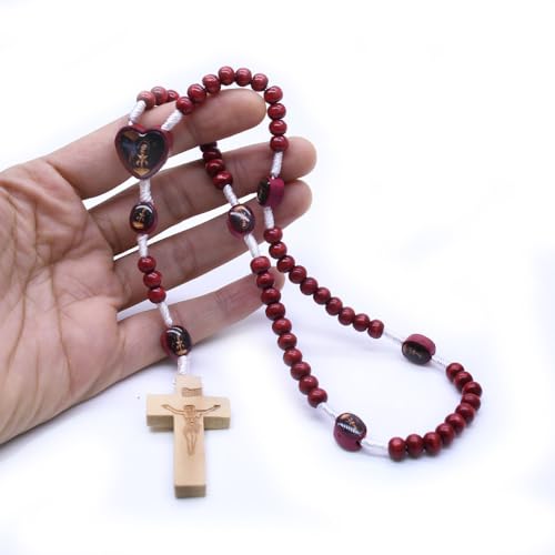 Handmade Wooden Crucifix Rosary Beads Chain Pendant Necklace Colorful Love Heart Catholic Cross Virgin Mary Jesus Necklace for Women Men Religious Lord Praying Jewelry - color: Black