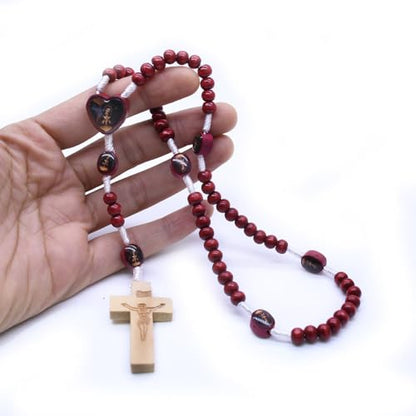 Handmade Wooden Crucifix Rosary Beads Chain Pendant Necklace Colorful Love Heart Catholic Cross Virgin Mary Jesus Necklace for Women Men Religious Lord Praying Jewelry - color: Black