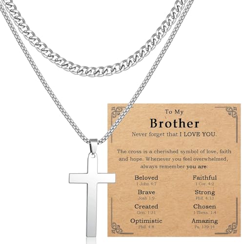 Cross Necklace for Teen Boys Men - color: White-“Brother”