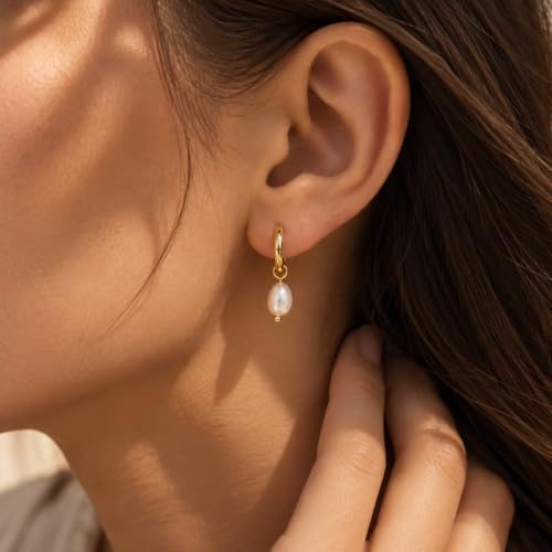Dangle Earrings for Women, Dainty Huggie Hoop Dangle Earrings - color: Pearl 01 Dangle Gold