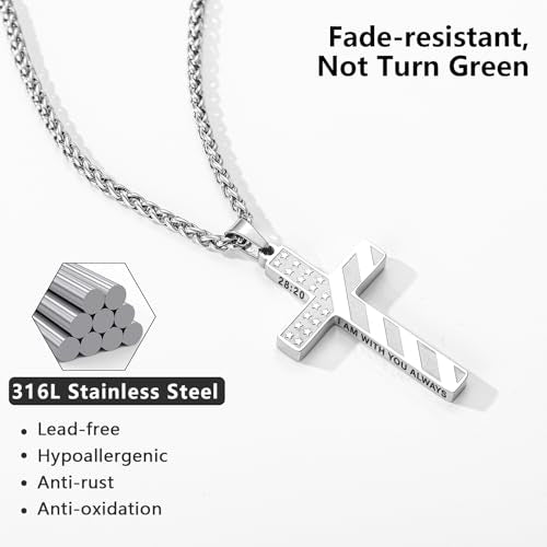 Cross Necklace for Men, 316L Stainless Steel American Flag Bible Verse Christmas Christian Catholic Baptism Confirmation Gifts 22+2 Inches - color: Silver, style: 28:20 I AM WITH YOU ALWAYS