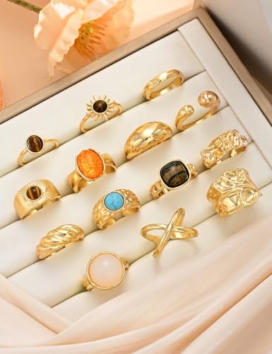 Gold Stackable Rings Set for Women, Gold Plated Chunky Crystal Finger Rings - color: Chunky Gold