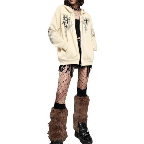 Zip Up Hoodies Y2k Jacket Graphic Gothic Jackets Grunge Cross Hoodie Baggy Streetwear Emo Sweater Aesthetic Clothes - color: Apricot, size: XX-Large