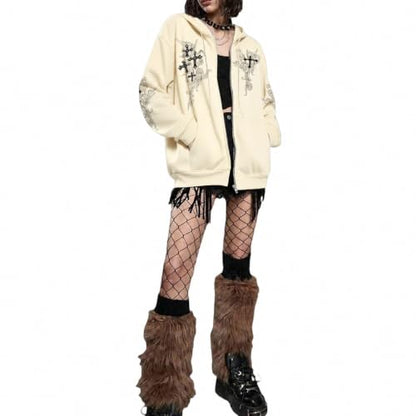 Zip Up Hoodies Y2k Jacket Graphic Gothic Jackets Grunge Cross Hoodie Baggy Streetwear Emo Sweater Aesthetic Clothes - color: Apricot, size: XX-Large