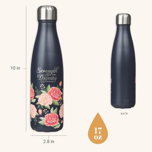 Christian Art Gifts Stainless Steel Double Wall Vaccum Sealed Water Bottle for Women: Strength & Dignity - Prov. 31:25 Inspirational Bible Verse, Leak-proof, BPA-free, Navy/Pink Rose Floral, 17 oz. - color: Pink Rose - Strength & Dignity