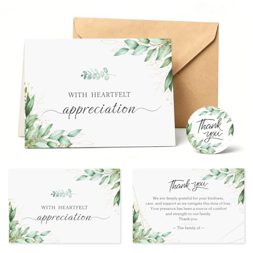 28 Pack Funeral Thank You Cards with Envelopes & Stickers, 6x8 Inches Foldable, Sympathy Bereavement Notes with Message Inside, Suitable for Memorial Services (Style 3)