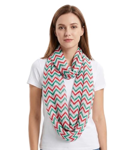 Lina & Lily Holiday Christmas Pattern Print Women's Infinity Scarf Lightweight - color: Red Green White, Chevron